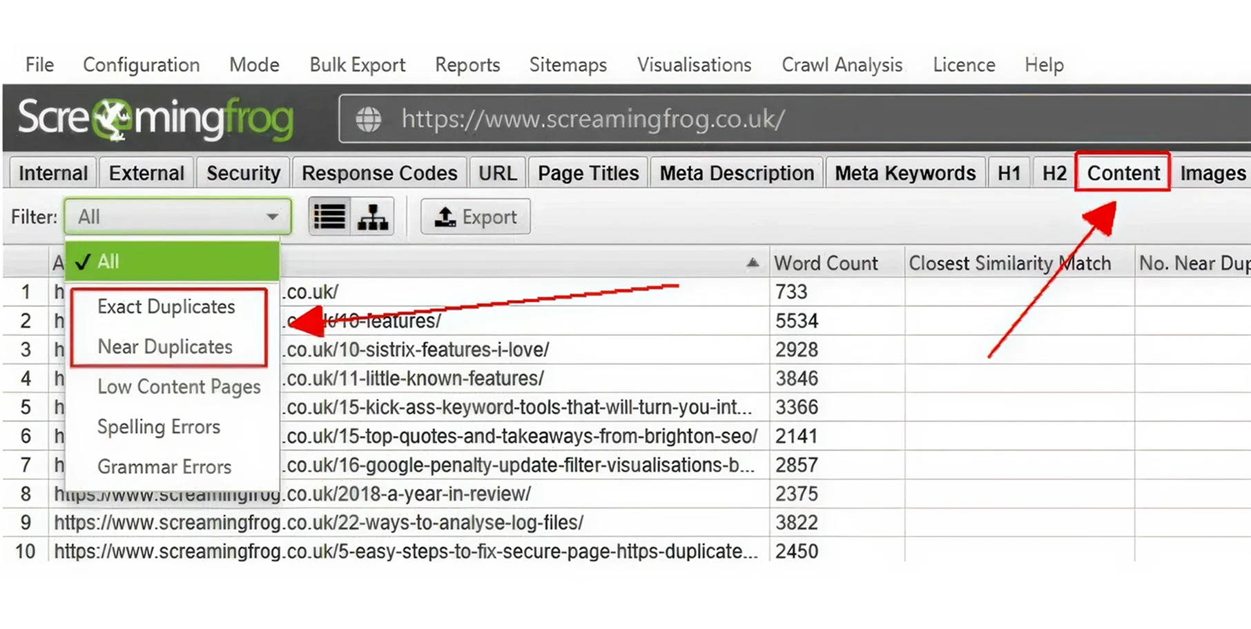 duplicate pages using screaming frog