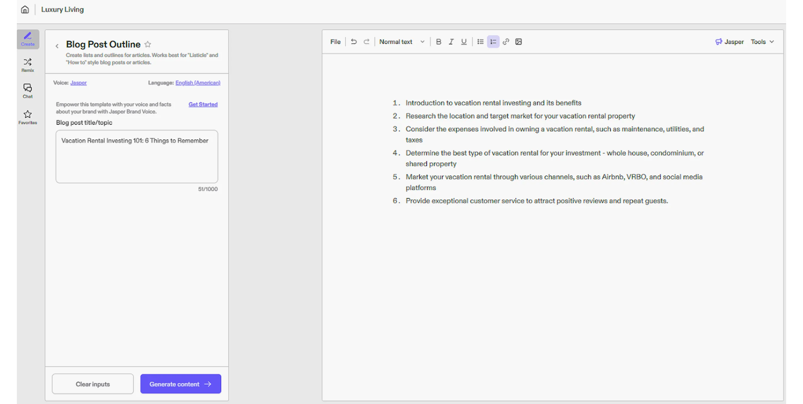 AI writing tool dashboard for automated content creation